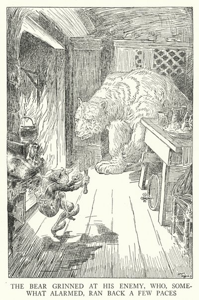 熊は敵に向かってニヤリと笑い、敵は少し驚いて数歩後退した（リトグラフ 作： Louis John Rhead