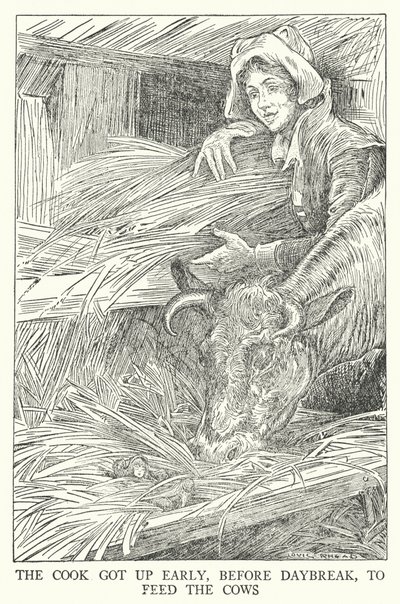 料理人は夜明け前に早起きして、牛に餌を与えた（リトグラフ 作： Louis John Rhead