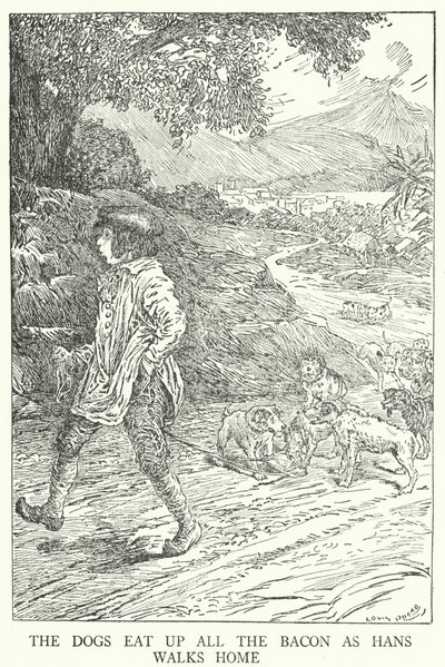 犬がベーコンを食べて帰るハンス（リトグラフ 作： Louis John Rhead