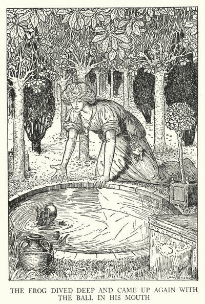 カエルは深く潜り、ボールを咥えて再び上がってきた（リトグラフ 作： Louis John Rhead
