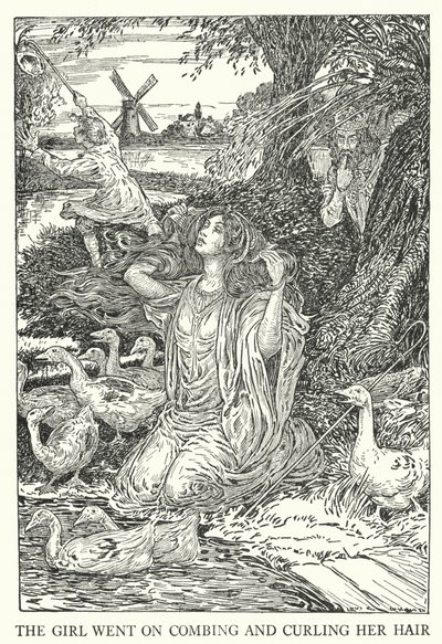 少女は髪を梳いたり巻いたりしていた（リトグラフ 作： Louis John Rhead