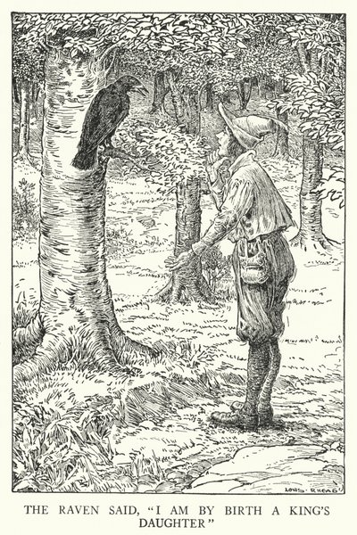 ワタリガラスは「私は生まれながらにして王の娘です」と言った（リトグラフ 作： Louis John Rhead