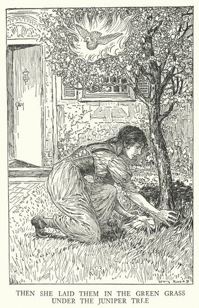 彼女はそれらをジュニパーの木の下の青草の中に置いた（リトグラフ 作： Louis John Rhead