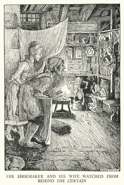 幕の後ろから見ていた靴職人とその妻（リトグラフ 作： Louis John Rhead
