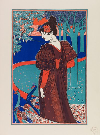 孔雀を持つ女性、1897年頃。 作： Louis John Rhead