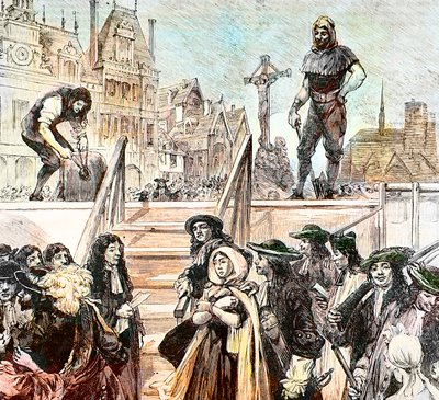 毒殺の罪で宣告された侯爵夫人マリー・マドレーヌ・ドーブレイの処刑。Louis Daudenarde (d.1907)によるエングレーヴィング - 毒殺刑に処せられたブランヴィリエ侯爵夫人Marie Madeleine Dreux d