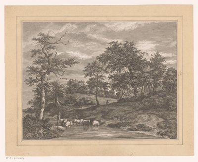 池のほとりに羊飼いがいる森の風景 ル プティ オーブルヴォワール 作： Louis Joseph Masquelier