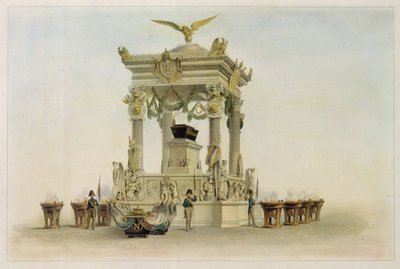 アンヴァリッド教会 (パリ、フランス) のナポレオン 1 世ボナパルト (1769-1821) の棺。 （アンヴァリッドの教会にあるナポレオンの棺）。 Louis Jules Arnout (1814-1868)、リトグラフ、水彩の作品。 19世紀フランスの芸術、古典主義。 作： Louis Jules Arnout