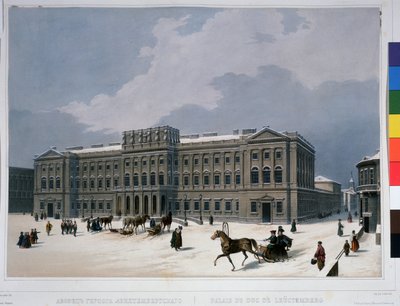 サンクトペテルブルクの聖イサアク広場にあるマリインスキー宮殿。 Louis Jules Arnout (1814-1868) によるリトグラフ、1840 年頃に水彩で着色。フランスの芸術、古典主義。 A.プッシュ 作： Louis Jules Arnout