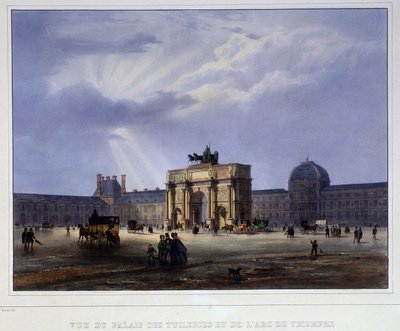 チュイルリー宮殿とカルーセル（回転木馬）の眺め - アルノウトの「Paris en 1837」にて 作： Louis Jules Arnout
