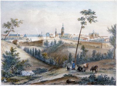 ブルトンの田園風景の中のブービエ（遠くにディナン） - ジャコッテとブノワのリトグラフ 作： Louis Julien Jacottet