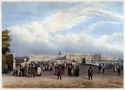 ヴェルサイユ宮殿のファサードの全景 - ジャコテとブノワが設計した「Promenade dans Paris et ses environs」（1840年頃）より 作： Louis Julien Jacottet