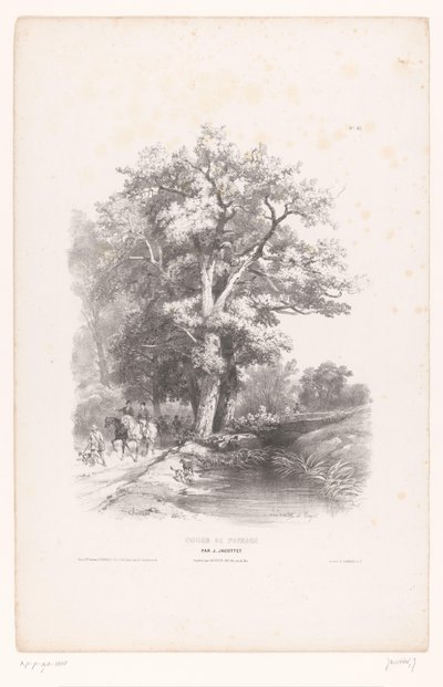 森の溝に沿って犬を連れたハンター 風景画講座（連載タイトル） Cours de Paysage (オブジェクトのシリーズ タイトル) 作： Louis Julien Jacottet