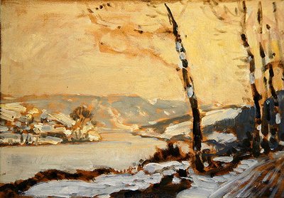 雪の降るカッセル近郊のフルダ渓谷（油彩・厚紙） 作： Louis Kolitz