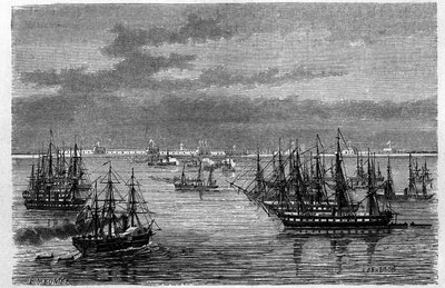 中国・塘沽の渤海にある海河河口のフランス・アングロ隊の眺め。ルブルトンの版画、エドゥアール・シャルトン編集の「Le Tour du Monde, Nouveau journal des Voyages」（パリ 作： Louis Le Breton