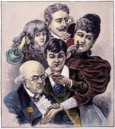 Louis leopold Baillyによる五感（触覚、聴覚、嗅覚、味覚、視覚）の表現。1894年のエングレーヴィング。 作： Louis Leopold (after) Boilly