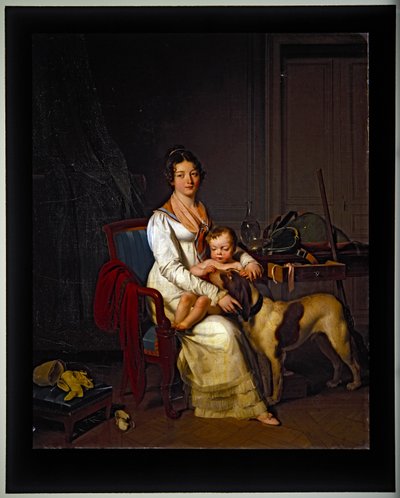 子供と犬を連れた若い女性、室内、年代未詳（キャンバス地） 作： Louis Leopold Boilly