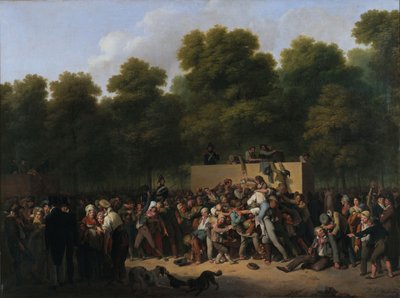 1822 年、国王の祝賀会でシャンゼリゼ通りでワインと料理が配布されました。 作： Louis Leopold Boilly