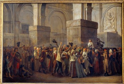 フランス革命；「マラットの凱旋」 宣教師ジャン・ポール・マラット（1743-1793）は、1793年に革命法廷で無罪判決を受けた後、民衆によって凱旋されました。ルイ・レオポルド・ボワイ（1761-1845）によるマルフレ紙に描かれた絵画 18世紀 日0,8x1,2 作： Louis Leopold Boilly