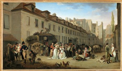 パリのノートルダム＝デ＝ヴィクトワール通りにあるメッサジュリーの中庭に到着した馬車。 作： Louis Leopold Boilly