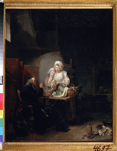 ""The old vicar"" (古いキュレート) 2 人の女性がキッチンで古いキュレートを手伝っています。 Louis-Leopold (Louis Leopold) Boilly (1761-1845) による絵画 1785-1800 プーシキン美術館、モスクワ 作： Louis Leopold Boilly