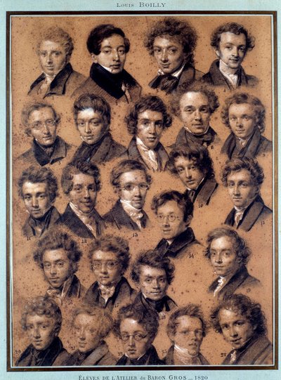 画家アントワーヌ・ジャン・グロ（1771-1835）のアトリエの生徒たちの肖像 ルイ・レオポルド・ボワイ（1761-1845）によるデッサン 1820年 パリ、B.N. 作： Louis Leopold Boilly