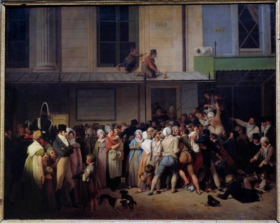 曖昧なコミックの劇場の入り口には、自由な表現があります。 ルイ・レオポルド・ボイ（1761-1845）の絵画 日。0,66x0,80 m. 作： Louis Leopold Boilly