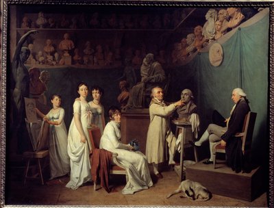 彫刻家ジャン・バティスト・ウードン（1741-1828）の工房。彫刻家のモデルは数学者のピエール＝シモン・ラプラス（1749-1827）Marquis de Laplaceで、妻と娘たちがいるところです。ルイ・レオポルド・ボイ（1761-1845）による絵画 1804年 パリ、デ 作： Louis Leopold Boilly