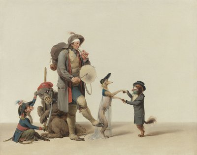 ボイリー、ルイ・レオポルド（1761-1845）の「踊る犬、熊、猿の動物調教師」。キャンバスに油彩、サイズ：32,4x40,6 cm - 個人蔵 作： Louis Leopold Boilly