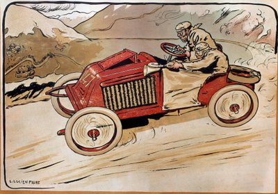 自動車：レーシングカーのこと。マルセル・ルノー（1872-1903）とルネ・ヴォーティエが147号車で1902年のPARIS-VIENNAレース中にアルプスを越える様子。Louis Lucien Faure Dujarric (1872-?) のリトグラフ、20世紀。パリ国立芸術・金属研究所所蔵 作： Louis Lucien Faure Dujarric