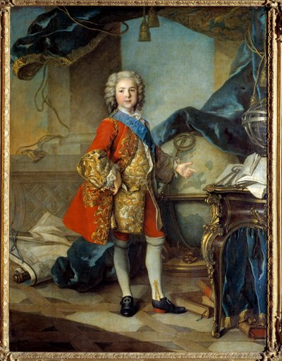 ルイ15世の息子、ルイ・ド・フランス王太子（1729-1765）の書斎での全身像。ルイ・トック（1696-1772）の絵画 作： Louis Tocqué