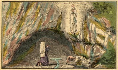 ルルドの聖母マリアの出現 - 聖母は 1858 年にルルドでベルナデット スビルス (1844-1879) に現れます - - 「目を通して宗教的な教え」からの彫刻。 ルイ・メイトルジャンとジョルジェ・ラモンドによる素晴らしいアルバム - フランス 1910 作： Louis Maitrejean