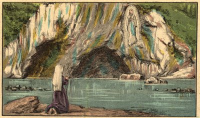 ルルドの聖母マリアの出現 - 聖母は 1858 年にルルドでベルナデット・スビルス (1844-1879) に現れる - - 「目による宗教的教え」からの彫刻。 ルイ・メイトルジャンとジョルジェ・ラモンドによる素晴らしいアルバム - フランス 1910 作： Louis Maitrejean