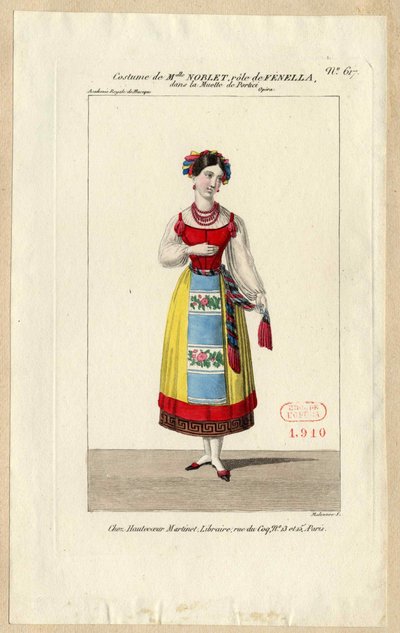フェネラ役のミス・ノブレット。 オペラ「La muette de Portici」の衣装デザイン、1828年。 作： Louis Maleuvre