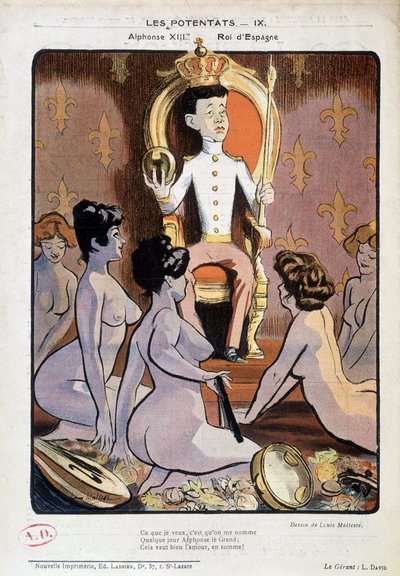 スペイン王アルフォンソ13世が玉座に座り、裸の女性に囲まれている肖像画（Louis Malteste作、1902年9月21日付「La Vie en Rose」掲載）。 作： Louis Malteste