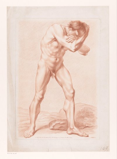 頭に腕を組んで立っている裸の男 作： Louis Marin Bonnet (attributed to)