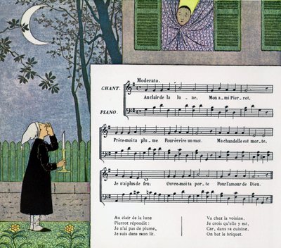童謡「At Moonlight」の楽譜とイラスト 作： Louis Maurice Boutet de Monvel