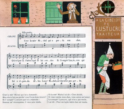 童謡「La mere Michel」の楽譜とイラスト 作： Louis Maurice Boutet de Monvel