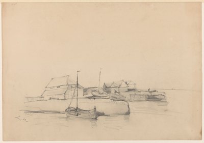 海岸の家屋と 2 隻の船 作： Louis Meijer