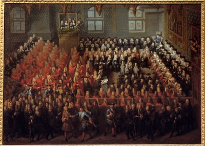 ルイ15世（1710年〜1774年）がルイ14世（1638年〜1715年）の意志を断ち切るために、パリ議会の大法廷で行った裁判のベッド 作： Louis Michel Dumesnil