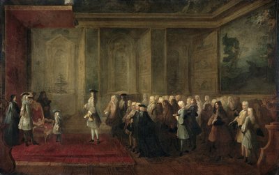 1719 年 7 月 24 日、ルイ 15 世の宮廷でのコーネリス ホップ (1685 ～ 1762 年) の歓迎 作： Louis Michel Dumesnil