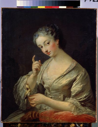 鳥を持つ女性（鳥を持つ女性）。 Louis Michel Van Loo (1707-1771) の絵画。 キャンバスに油彩、64 x 53.5 cm、18 世紀。 フランスの芸術、ロココ様式。 エルミタージュ美術館、サンクトペテルブルク。 作： Louis Michel van Loo