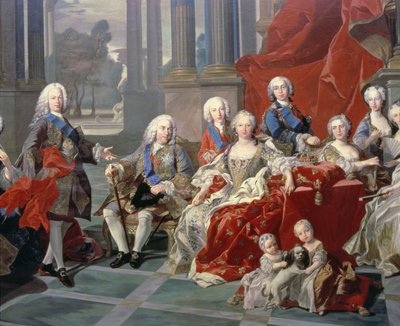 131 0794093/1 スペイン国王フェリペ 5 世 (1683 ～ 1746 年) の家族、国王、彼の 2 番目の妻エリザベート ファルネーゼ、そして将来のフェルディナンド 6 世を描いた詳細 作： Louis Michel van Loo