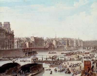 1782年のパリ港のドックでの海上生活 セーヌ川でのペニシェや商業活動。詳細ルイ・ド・レスピナス（1734-1808）によるドローイング 1782年パリ、カルナヴァレ美術館 作： Louis Nicolas de Lespinasse