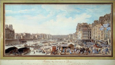パリのノートルダム橋に向かって旧Marche aux veauxから撮影された鯨のいる港の風景 ルイ・ニコラ・ド・レスピナス（1734-1808）による水彩画。1782.パリ、カルナヴァレ美術館 作： Louis Nicolas de Lespinasse