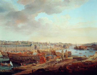 シップヤード。"ブレストの街" 詳細ルイ・ニコラ・ファン・ブラーレンベルヘ（1716-1794）による絵画 1774年 作： Louis Nicolas van Blarenberghe