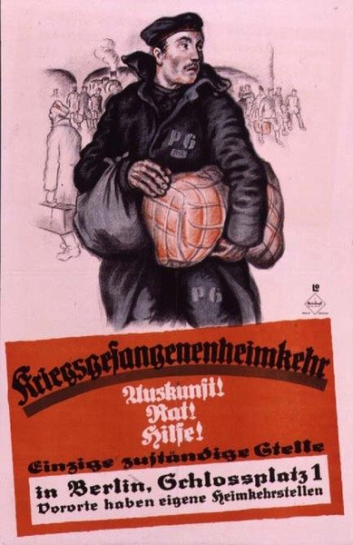帰還した捕虜がどこに行けば助けを求められるかを伝えるドイツのポスター 作： Louis Oppenheim