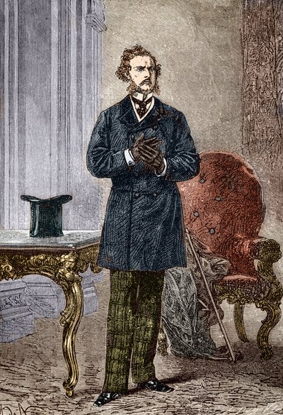 1872 年にルイ ポール ピエール デュモン (1822-1882) によって描かれた、ジュール ヴェルヌの小説「冒険の旅」の登場人物、フィリアス フォッグの肖像 (「80 日間世界一周」の口絵からのフィリアス フォッグ) ジュール・ヴェルヌ作（182 作： Louis Paul Pierre Dumont