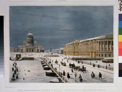 サンクトペテルブルクの聖イサアク大聖堂と元老院広場。 Louis Pierre Alphonse Bichebois (Louis-Pierre-Alphonse) (1801-1850) によるデッサン。 水彩で着色したリトグラフ、 作： Louis Philippe Alphonse Bichebois