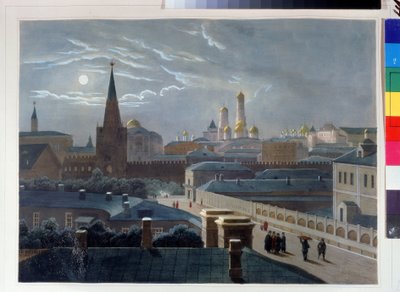 モスクワ クレムリンの眺め。 ルイ・ピエール・アルフォンス・ビシュボア (1801-1850) による素描。 水彩で着色されたリトグラフ、1830～1840年頃、フランス美術、古典主義。 A. プーシキン記念博物館、サンクトペテルブルク。 ©FineArtImag 作： Louis Philippe Alphonse Bichebois